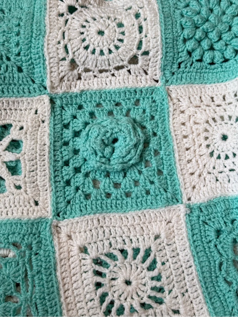 Handmade mint and white crochet granny square afghan blanket Throw 45x64